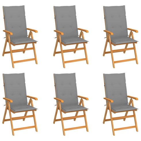 6 db-os összecsukható szék szürke párnákkal, tömör tikfából