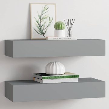   2 db szürke MDF falra szerelhető fiókos polc 60 x 23,5 x 10 cm