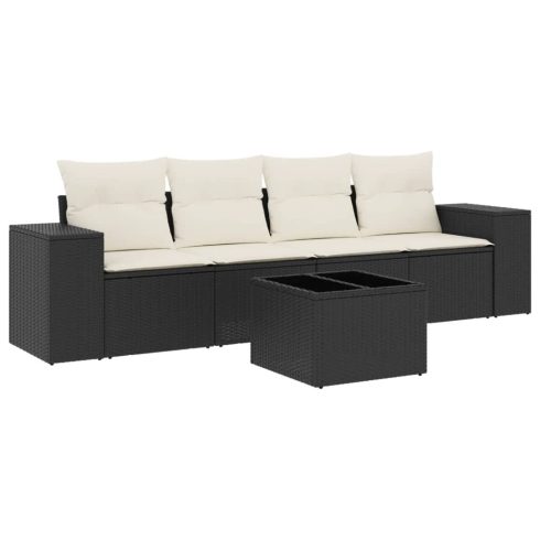 5 részes fekete polyrattan kerti kanapészett párnákkal