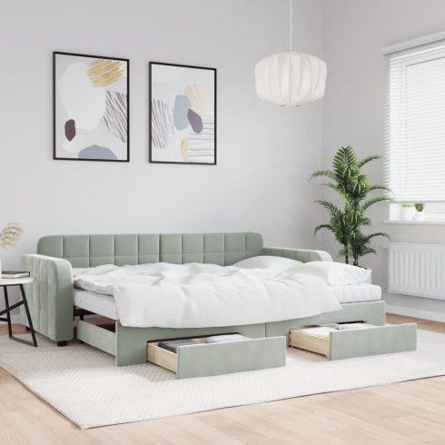 Világosszürke kihúzható bársony heverő fiókkal 80 x 200 cm