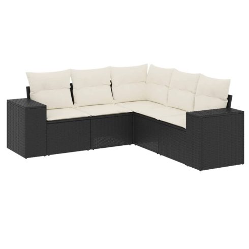 5 részes fekete polyrattan kerti kanapészett párnákkal