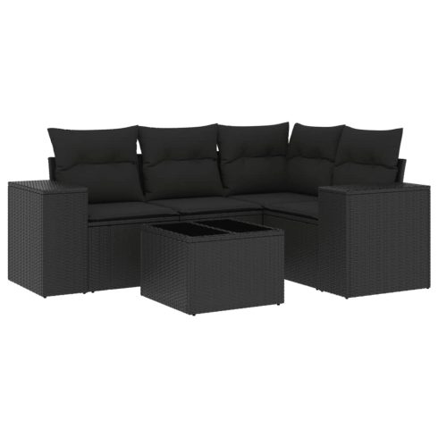 5 részes fekete polyrattan kerti kanapészett párnákkal