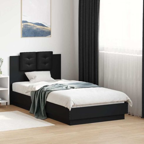 Fekete ágykeret fejtámlával és LED-világítással 75 x 190 cm