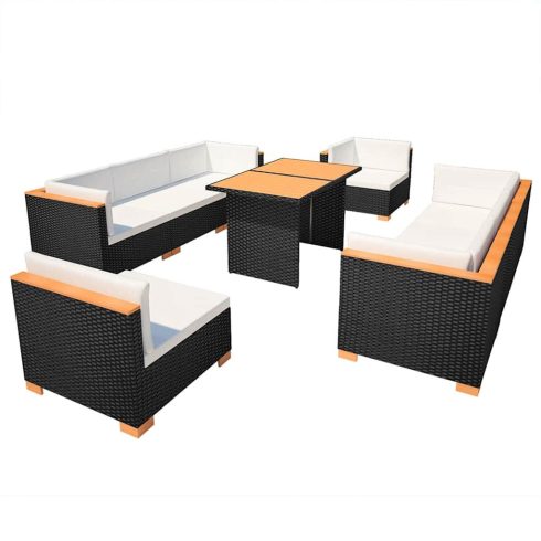 10-részes fekete polyrattan kerti bútorszett párnákkal