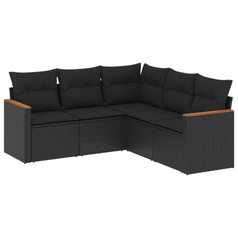 5 részes fekete polyrattan kerti kanapészett párnákkal
