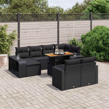   11 részes fekete polyrattan kerti ülőgarnitúra párnákkal