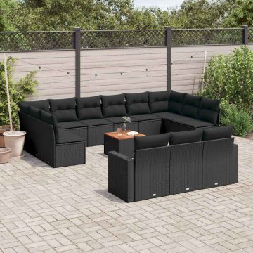   14 részes fekete polyrattan kerti ülőgarnitúra párnákkal