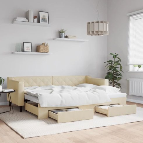 Krémszínű kihúzható szövet heverő fiókokkal 80 x 200 cm
