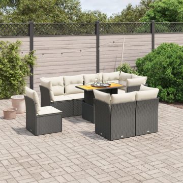   9 részes fekete polyrattan kerti ülőgarnitúra párnákkal