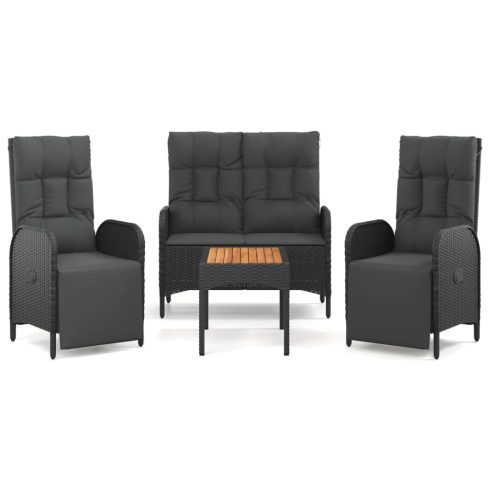 4 részes fekete polyrattan kerti étkezőszett párnákkal
