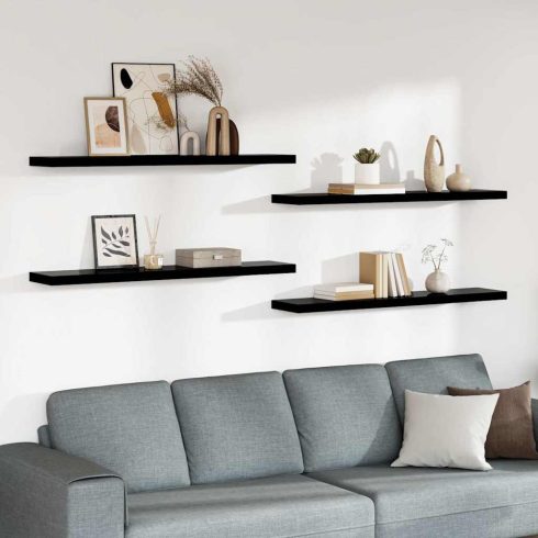4 db magasfényű fekete MDF lebegő fali polc 120 x 23,5 x 3,8 cm