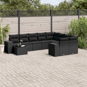   10 részes fekete polyrattan kerti ülőgarnitúra párnákkal