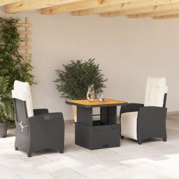   3 részes fekete polyrattan kerti étkezőgarnitúra párnákkal