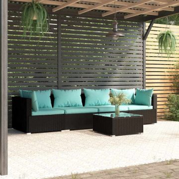   5 részes fekete polyrattan kerti ülőgarnitúra párnákkal