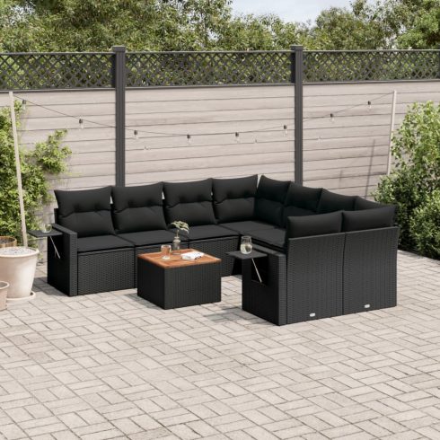 9 részes fekete polyrattan kerti ülőgarnitúra párnákkal