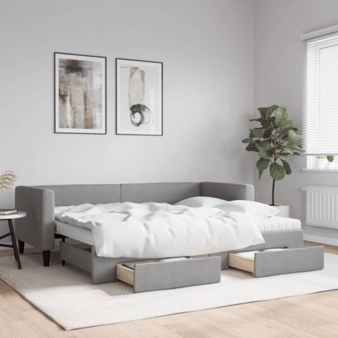 Világosszürke kihúzható szövet heverő fiókokkal 80 x 200 cm