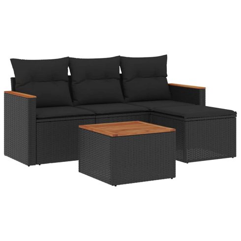 5 részes fekete polyrattan kerti kanapészett párnákkal