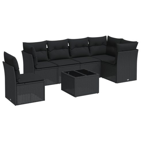 7 részes fekete polyrattan kerti ülőgarnitúra párnával