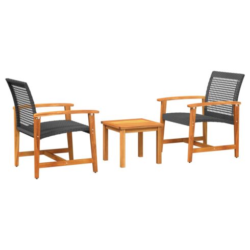 3 részes fekete polyrattan és akácfa bisztrószett