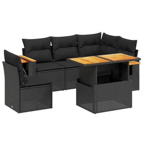 6 részes fekete polyrattan kerti ülőgarnitúra párnákkal