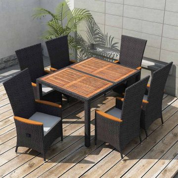   7 részes fekete kültéri polyrattan és akácfa étkezőszett