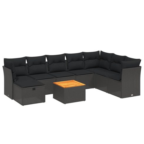 9 részes fekete polyrattan kerti ülőgarnitúra párnákkal
