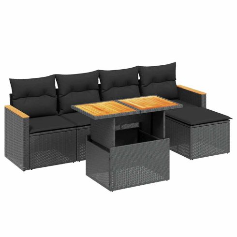 6 részes fekete polyrattan kerti ülőgarnitúra párnákkal