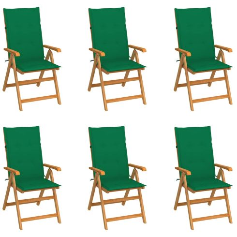 6 db-os összecsukható szék zöld párnákkal, tömör tikfából