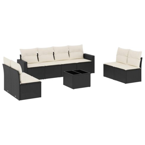 9 részes fekete polyrattan kerti ülőgarnitúra párnákkal