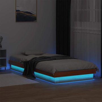 Viaszbarna tömör fenyőfa LED.-es ágykeret 90 x 200 cm