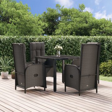   5 részes fekete polyrattan kerti étkezőgarnitúra párnákkal