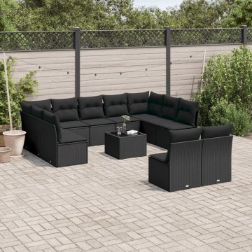   12 részes fekete polyrattan kerti ülőgarnitúra párnákkal