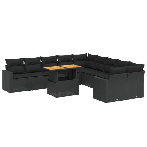 11 részes fekete polyrattan kerti ülőgarnitúra párnákkal