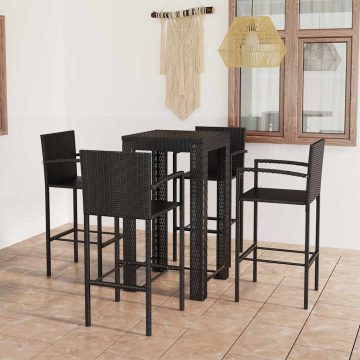   5 részes fekete polyrattan kültéri bárszett kartámasszal