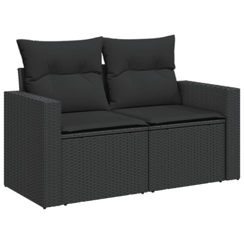 Kétszemélyes fekete polyrattan kerti kanapé párnákkal