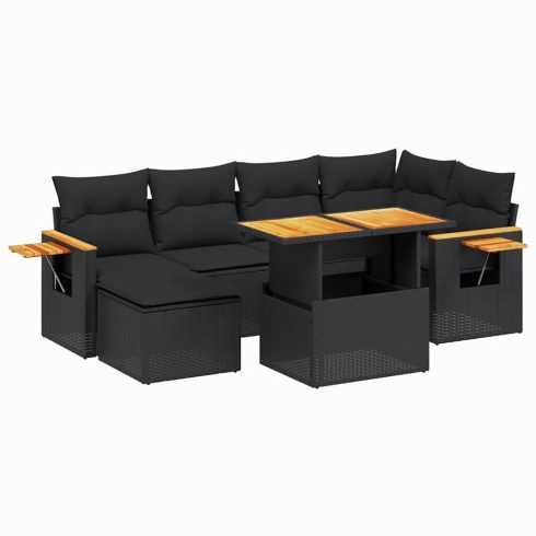 7 részes fekete polyrattan kerti ülőgarnitúra párnával