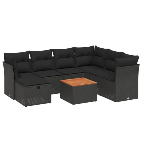 8 részes fekete polyrattan kerti ülőgarnitúra párnákkal