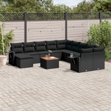   12 részes fekete polyrattan kerti ülőgarnitúra párnákkal