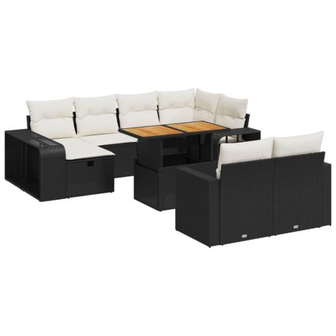 11 részes fekete polyrattan kerti ülőgarnitúra párnákkal