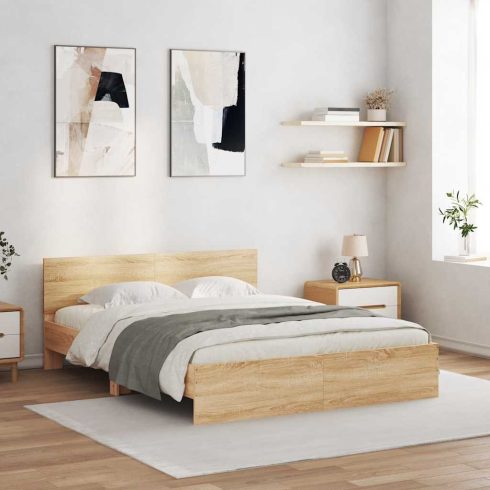 Sonoma tölgy színű ágykeret fejtámlával és LED-del 150x200 cm
