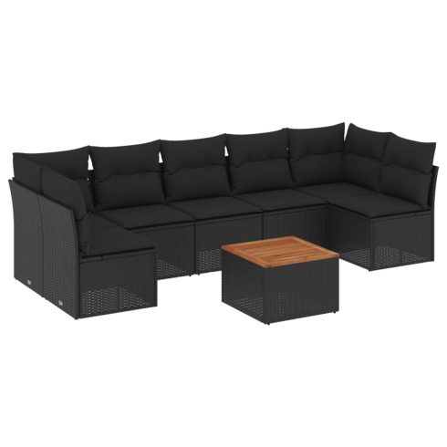 8 részes fekete polyrattan kerti ülőgarnitúra párnákkal