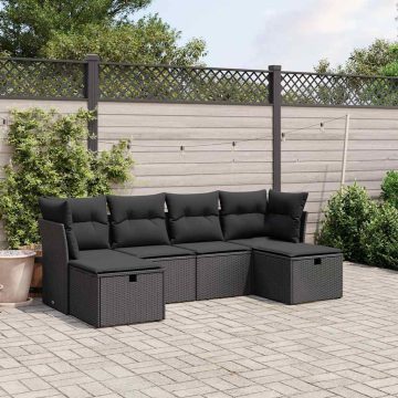   6 részes fekete polyrattan kerti ülőgarnitúra párnákkal