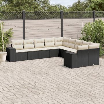   10 részes fekete polyrattan kerti ülőgarnitúra párnákkal