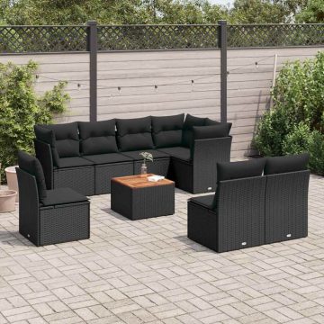   9 részes fekete polyrattan kerti ülőgarnitúra párnákkal