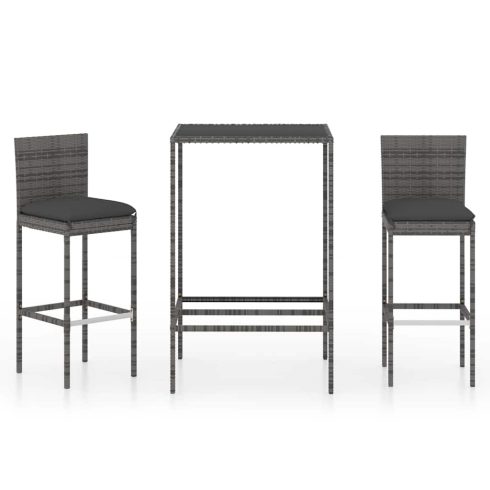 3 részes szürke polyrattan kerti bárszett párnákkal