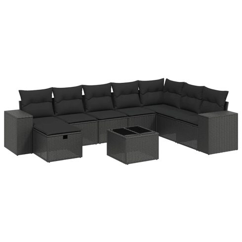 9 részes fekete polyrattan kerti ülőgarnitúra párnákkal