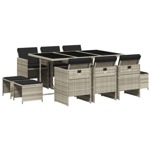 11 részes világosszürke polyrattan kerti ülőgarnitúra párnákkal