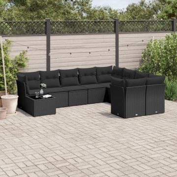   10 részes fekete polyrattan kerti ülőgarnitúra párnákkal