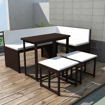 5-részes barna kültéri polyrattan és acél étkezőszett