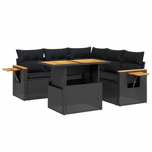 6 részes fekete polyrattan kerti ülőgarnitúra párnákkal
